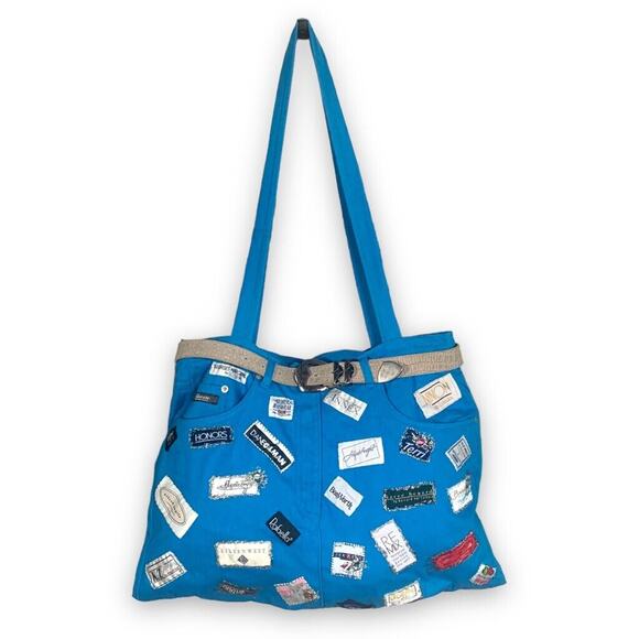 Upcycled Maxi Tote Bag Vintage Blue Jeans Logos Belt Detail OOAK Handmade Purse - Picture 2 of 15